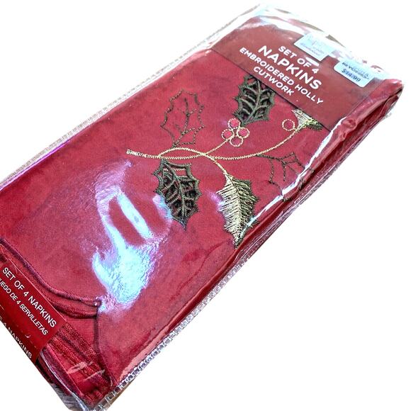 NEW Embroidered Christmas Holiday Cloth Napkins (4) Red Green Gold Holly Cutwork - Picture 7 of 7